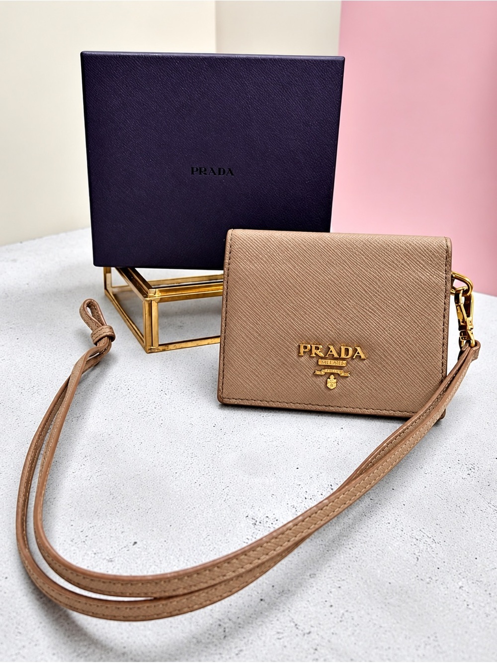 Prada Saffiano Leather ID Card Holder Wallet with Detachable Strap Taupe + Box